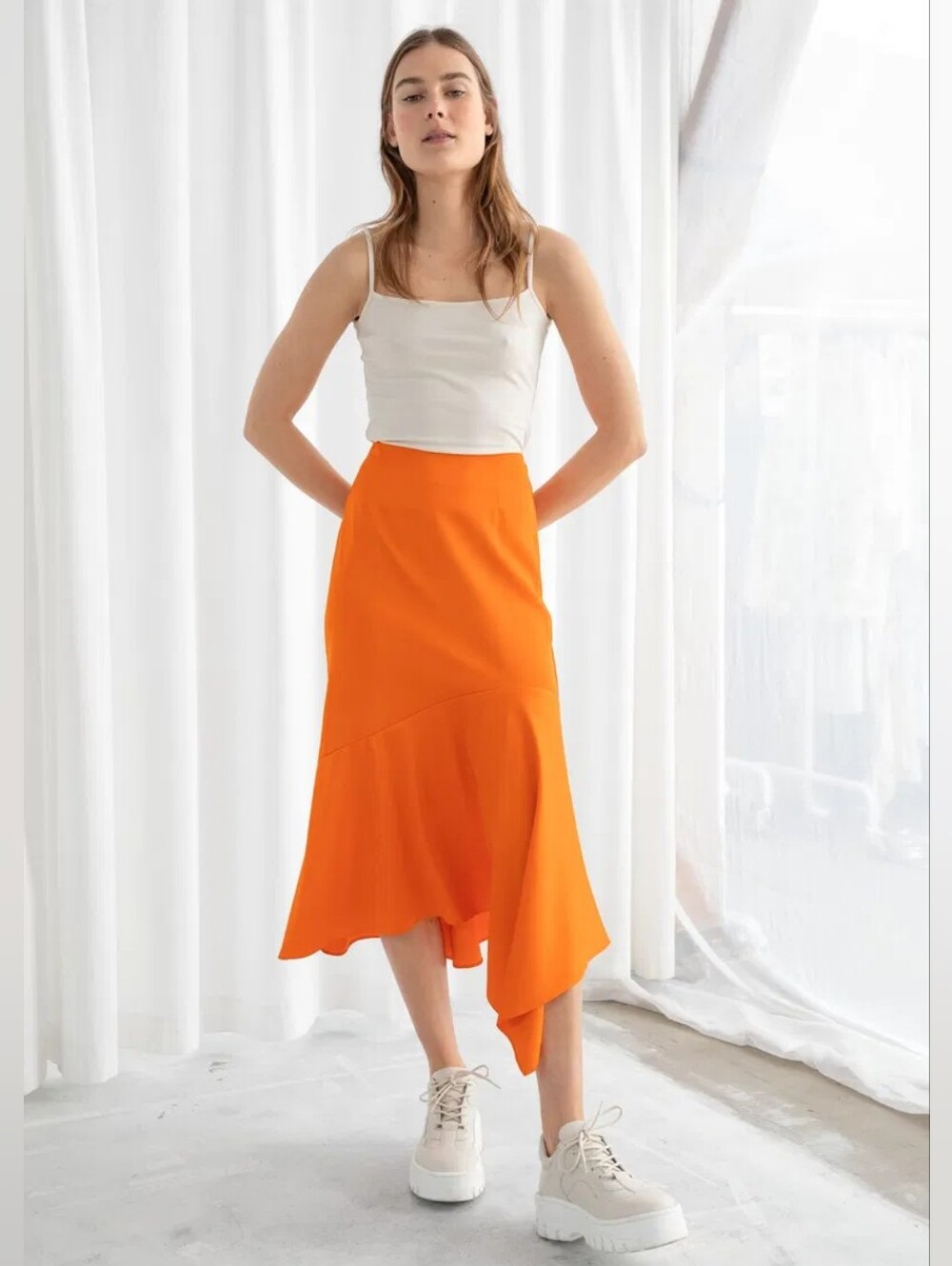 & Other Stories Stockholm Atelier Satin Handkerchief Midi Skirt Orange US 6